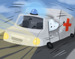 Graphic illustration of an emergency vehicle driven by a tooth for a dental emergency/dental emergencies.