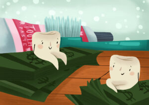 graphic illustration of two teeth sitting on money with toothbrush and toothpaste in the background, financial health and dental health